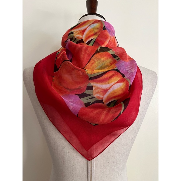 Vintage Kemtrade Holland Red Orange Tulip Flowers Silky Polyester Spring Scarf - Picture 4 of 6
